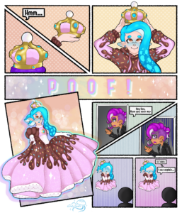 Comic page depicting a cyan inkling from Splatoon putting on a crown and transforming into a princess.