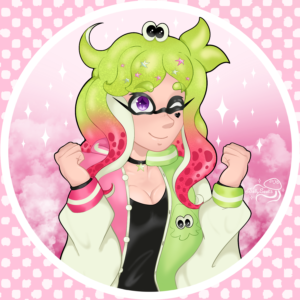 Green and pink inkling girl with purple eyes and sparkly ink winks.