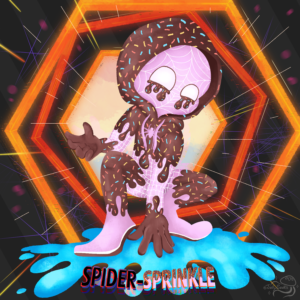Spiderverse x Splatoon crossover art depicting a ice cream coloured spiderman jumping through ATSV portals onto cyan ink.
