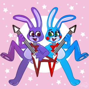 Five Nights at Freddy's fanart depicting cute versions of characters toy bonnie and bonnie from fnaf1 and 2.