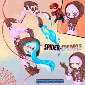 Splatoon Inkling boy character page disguised as spiderman swings in with a red strawberry laces web and other poses.