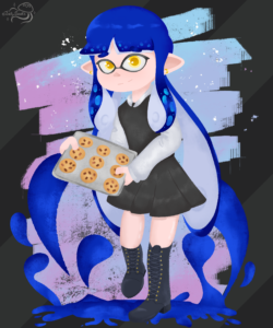 Blue inkling girl with long tentacle hair and yellow eyes bakes cookies.