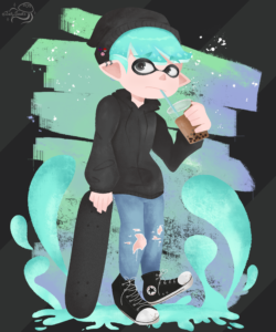 Alternative inkling boy with teal tentacles holds boba tea and a skateboard in the other hand looking bored.