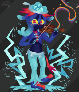 Sea creature Oc inspired by Splatoon 3 emits electricity whilst playing the violin.