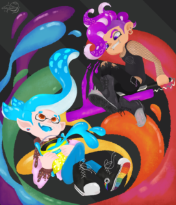 Splatoon fanart of inkling boy and octoling boy battling it out in a storm of rainbow ink. One has a slosher and the other- a splatana.