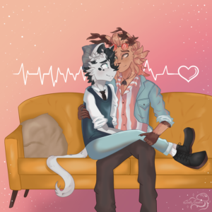 Furry cat boy ocs sit together on sofa looking lovingly at each other.