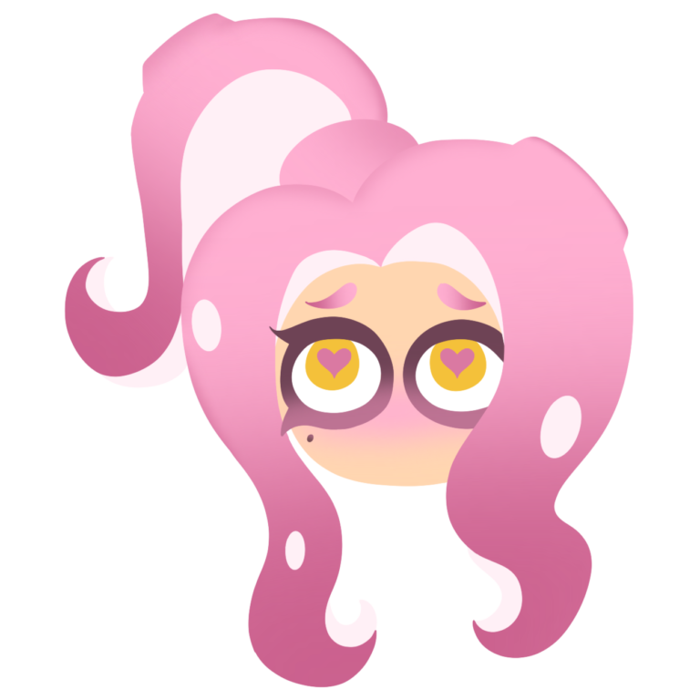 Hero mode style icon of pink octoling girl with yellow heart shaped eyes.