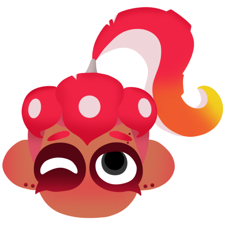 Hero mode style icon of red haired octoling boy with black eyes and flame coloured tentacles.