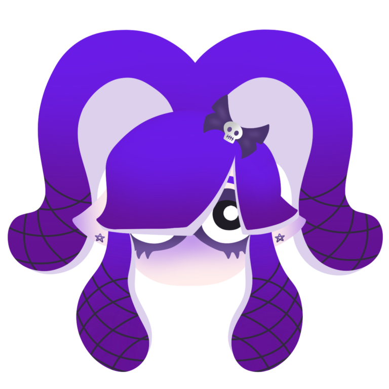 Hero mode style icon of purple goth inkling girl with fishnets and bow.