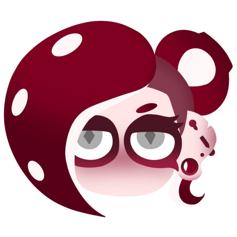 Hero mode style icon of scarlet octoling girl with grey eyes and piercings.