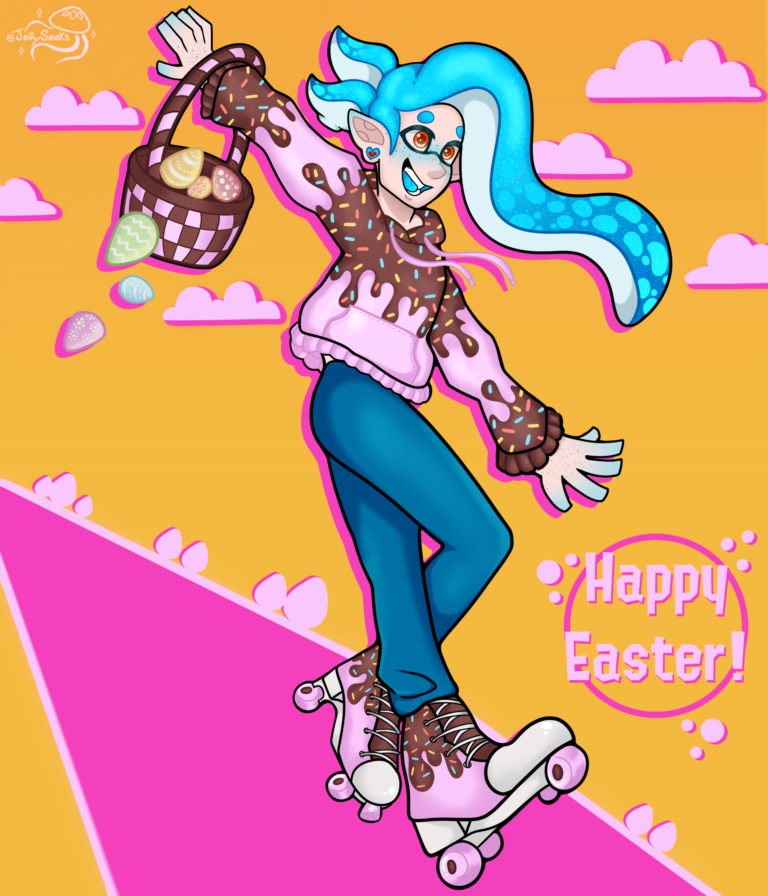 Cyan Inkling boy with happy expression is riding down a road on roller skates holding a basket of easter eggs
