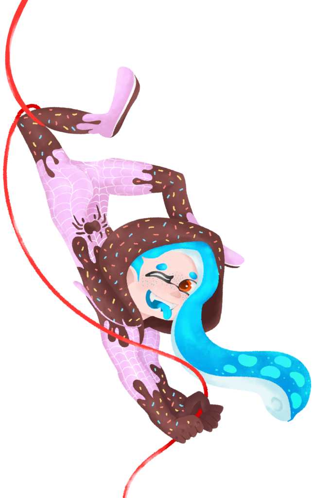 Cyan inkling OC Sev in an ice cream themed spiderman costume is swinging on a web made of strawberry laces candy
