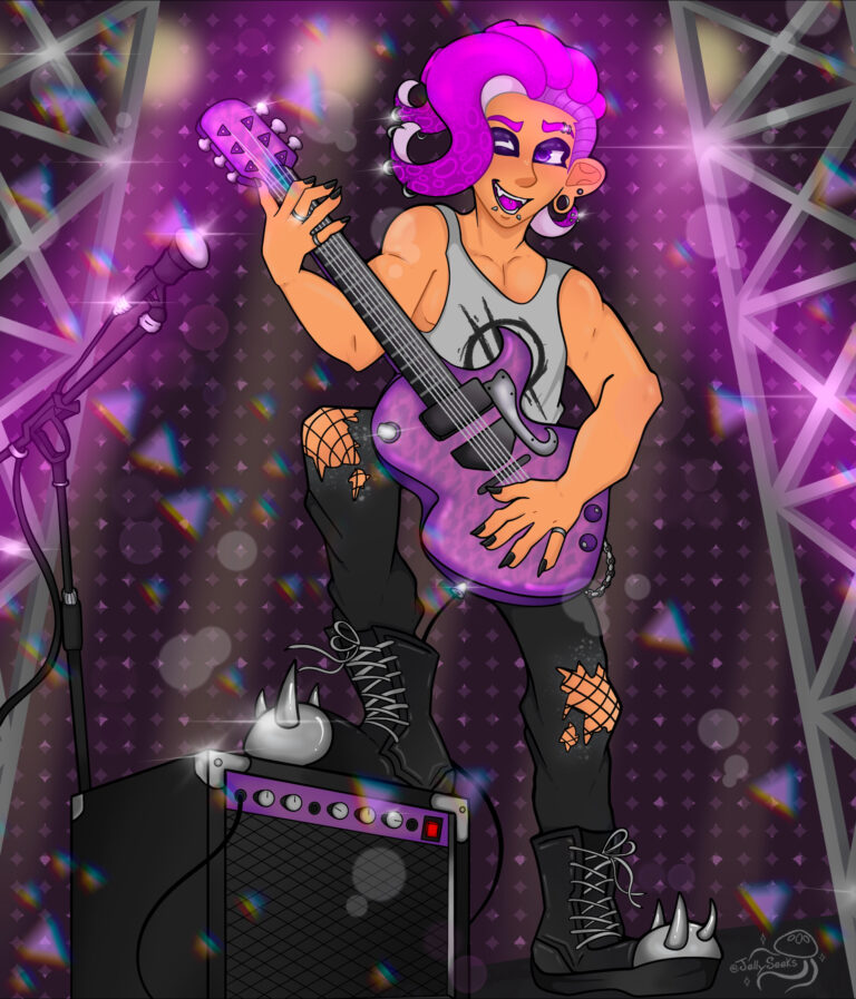 Digital piece of a punk magenta octoling boy from Splatoon playing guitar at a concert