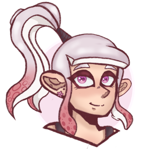 White and pink octoling girl with long ponytail and pink eyes headshot