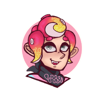 Pink and yellow octoling with silver eyes headshot