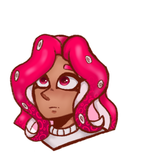 Pink octoling with reddish eyes headshot.