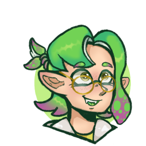 Green and pink inkling with green eyes headshot.