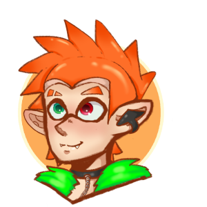 Orange inkling boy with heterochromia headshot.