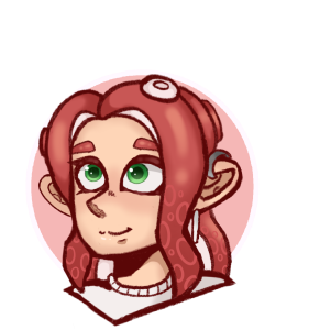 Light red octoling with green eyes headshot.