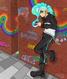 Teal octoling boy leans against wall looking at his phone. He is wearing all the black and the wall is graffitied.