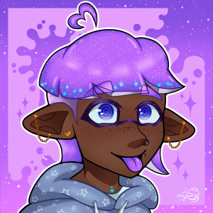 Purple inkling boy with blue tentacle spots and piercings sticks tongue out at viewer.