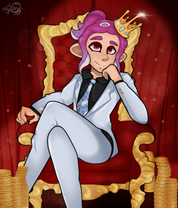 Pink octoling boy oc looks smugly at viewer as he crosses his legs on a throne.