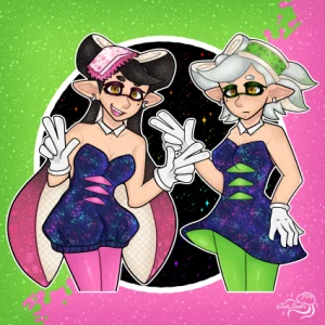 Squid Sisters Callie and Marie do peace pose against pink and green background.