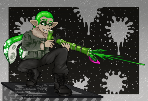 Green inkling boy shoots bamboozler whilst wearing army style attire.