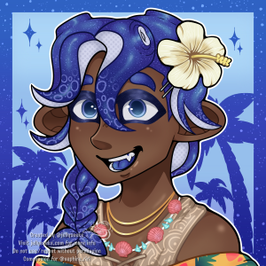 Blue octoling boy with summery attire smiles with palm trees in the background