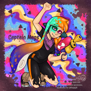 Sanitized Agent 3 inkling girl holds splattershot and raises a fist to the sky. She has pink eyes and orange and blue tentacles.